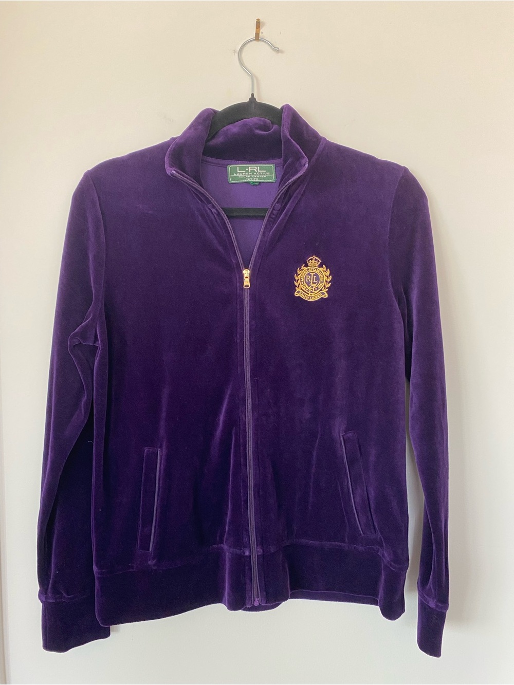 Ralph Lauren Purple Velour Jacket with Gold Crest Embroidery